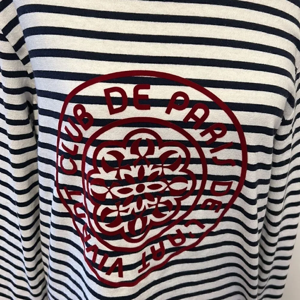 J Crew boatneck navy white striped “ Club De Paris” long sleeve tee Size S